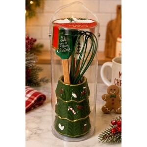 CWC Cook With Color Christmas Mini Utensil Set Tree Holder 4 Pc Gift Set NWT